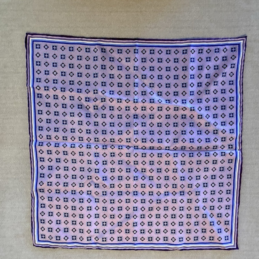 Mens Silk Pocket Square 100% Silk Made Italy Purple Blue Geometric 16"